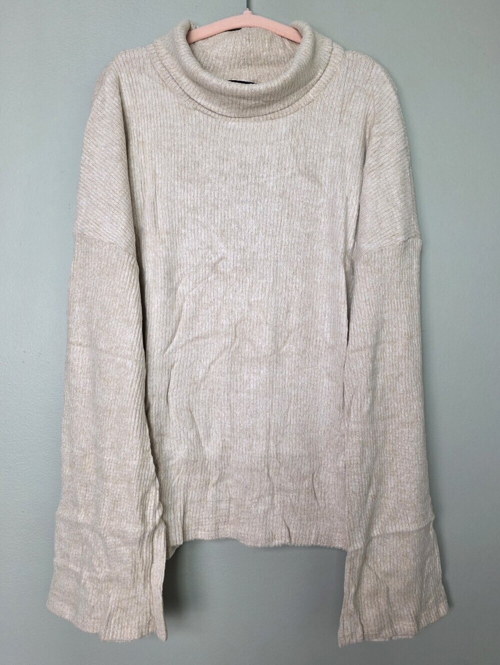 Lulus Cream Knit Turtleneck Bell Sleeve Overlap Split Back Sweater, XS, NWT - Picture 4 of 9
